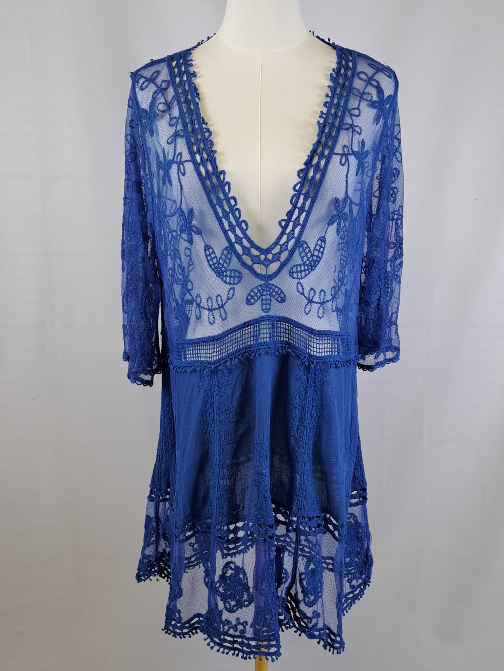 Royal Blue Sheer Floral Lace Deep V Summer Beach Dress Swim Cover Up Tunic Boho